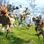 Art shows FF14 characters riding on Chocobos.