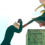 A character blocks another one's kick.