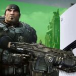 Marcus Fenix in front of a PS5 console.