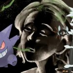 A collection of spooky Pokémon over a lady having her lifeforce sapped away.