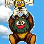 The protagonist flies through the air while holding onto a large bee.