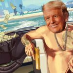 Trump appears in a boat with a bag of cash.