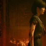 Hinako stands in profile in a tattered school uniform as she's surrounded by red plants.