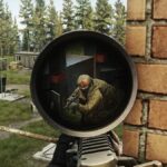 An enemy soldier is in the player's sights.
