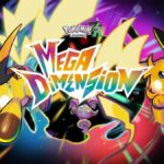 Mega Raichu X and Y jump toward the camera as Hoopa holds up a logo for the Mega Dimension DLC