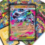 A Mega Evolution Charizard card hovers over a spread of new Pokemon cards.