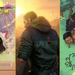 A composite image shows a colorful dinosaur-like creature, the protagonist of Dying Light: the Beast with his back to the camera, and the protagonist of Little Witch in the Woods standing outside of a cabin.