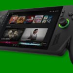 A ROG Xbox Ally X floats against a green background.