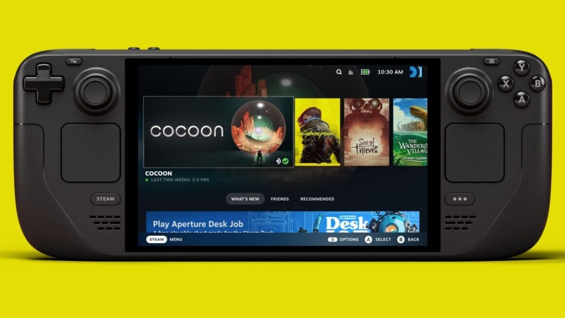 A Steam Deck appears in front of a yellow background.
