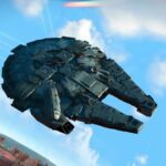 A fan-made Millennium Falcon flies over a planet in No Man's Sky.