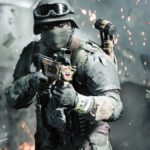 A ghost peaks out of a grenade launcher held by a soldier.