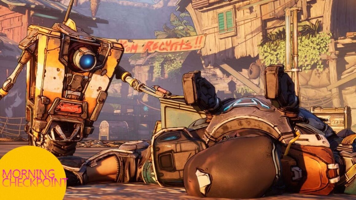 Claptrap helps a dead Vault Hunter.