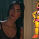 Megan Fox leaning against a doorway with a render of Toy Chica photoshopped next to her