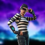 A Fortnite character dressed as a bandit makes a peace sign.
