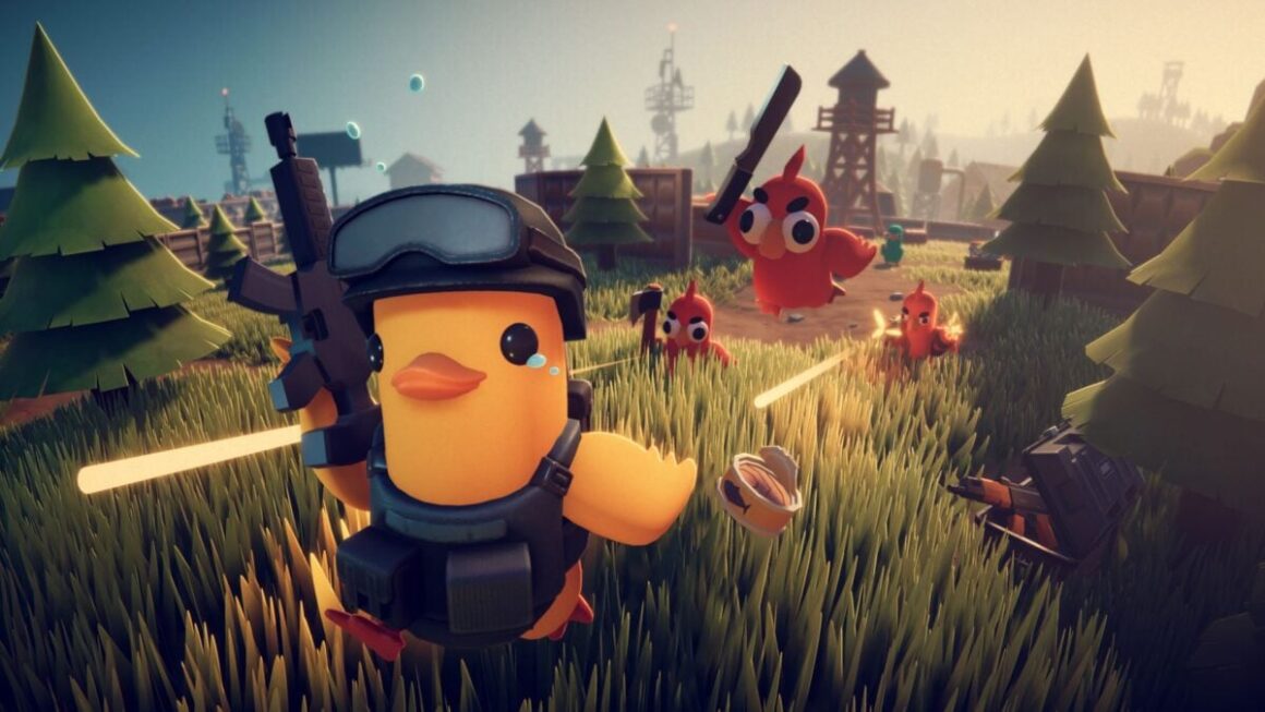 An armored, gun-carrying duck runs from red birds.