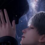 Two characters embrace, but one is barely visible in the lighting.