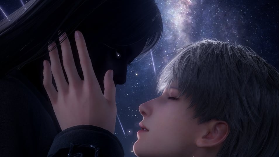 Two characters embrace, but one is barely visible in the lighting.