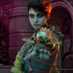 A woman holds up a rocket launcher on her wrist.