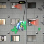 A pixel character washes buildings.