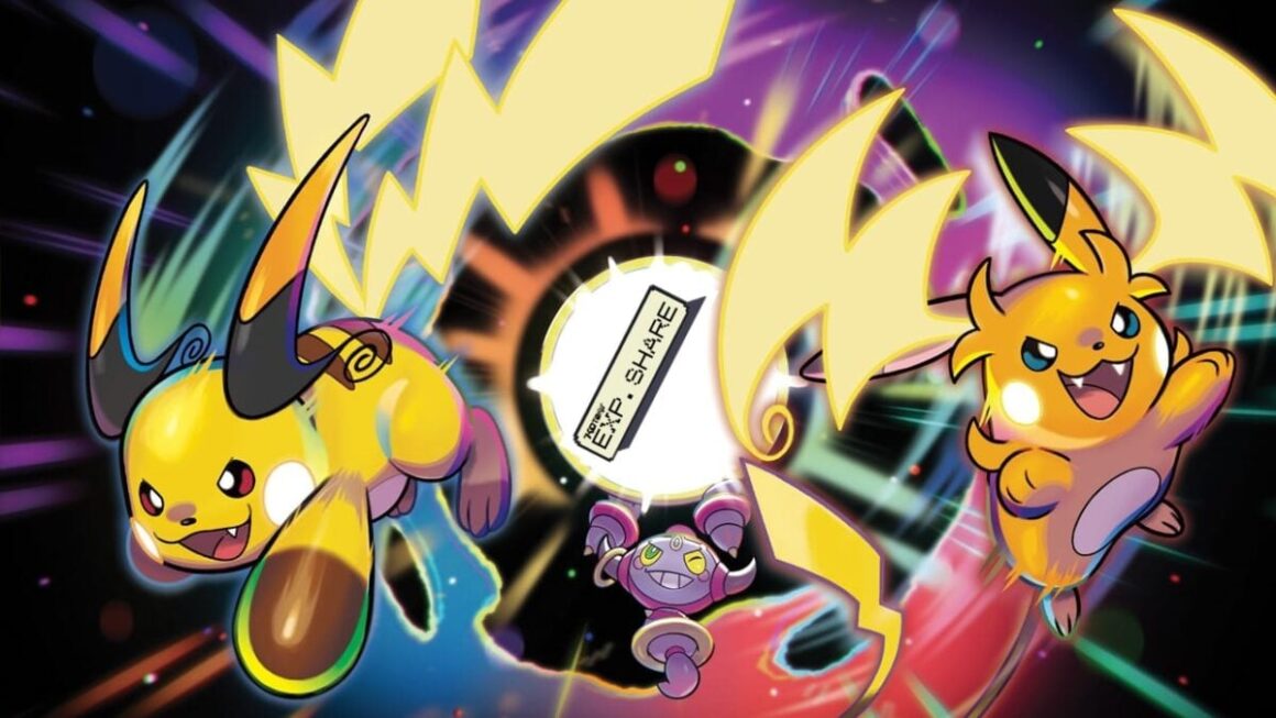 Mega Raichu X and Y jump out of a portal opened by Hoopa, which also has the Exp. Share logo in it.