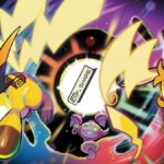 Mega Raichu X and Y jump out of a portal opened by Hoopa, which also has the Exp. Share logo in it.