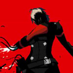 An android character gets their arm blown off.