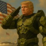 An AI mock-up of Trump saluting the American flag in a Master Chief suit.