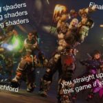 A screenshot of Borderlands 4's vault hunters has snarky comments written over it such as "compiling shaders," "you can't play this game if you're broke," "Finally, Rage 3," and "Randy Pitchford."