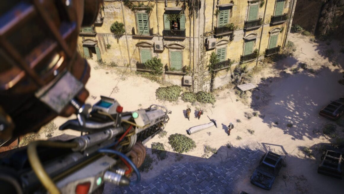 A player aims a weapon at other players from above.