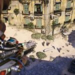 A player aims a weapon at other players from above.