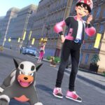 Shep poses with Houndour in Lumiose City