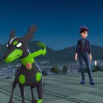 Shep and Zygarde in its dog form stand on top of a roof in Lumiose City.