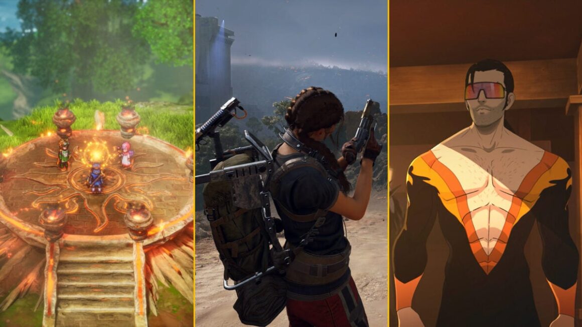 A compilation image shows characters from Dragon Quest, a player character from Arc Raiders, and a superhero from Dispatch.