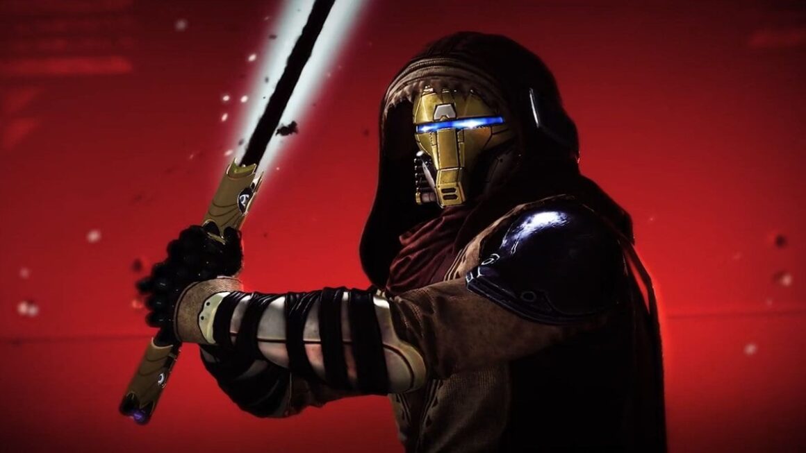 A Guardian holds up a black lightsaber.
