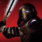 A Guardian holds up a black lightsaber.