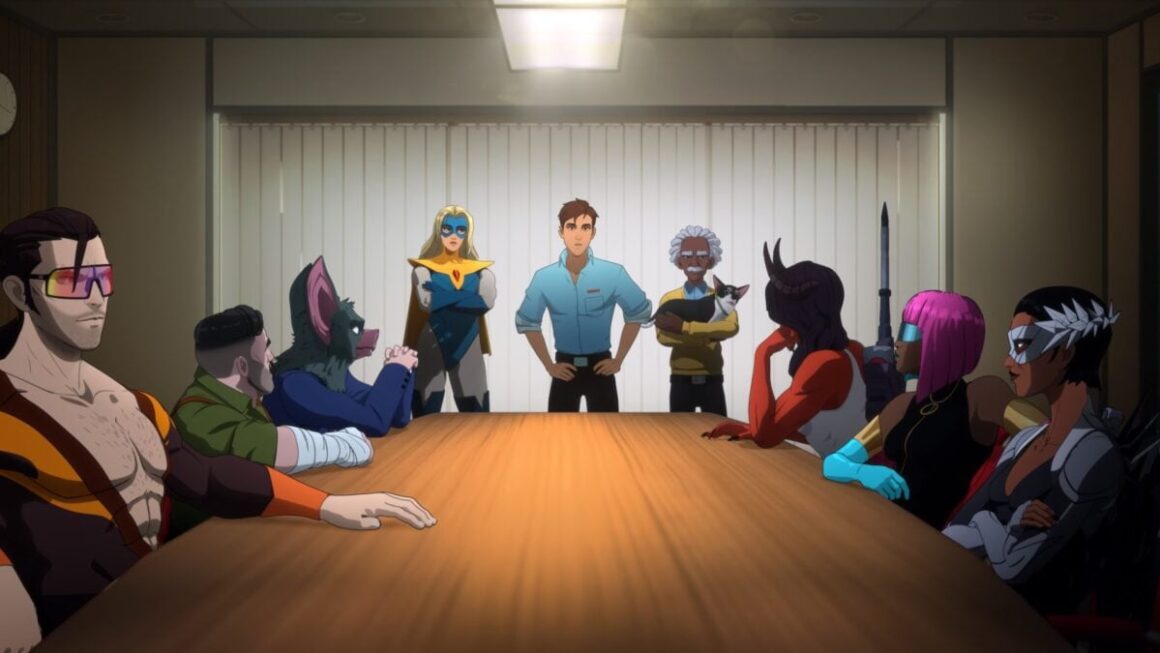 The cast of Dispatch sits around a meeting table.