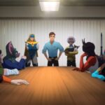 The cast of Dispatch sits around a meeting table.