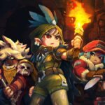 Characters from Hytale walk through a dark cave with weapons and torches in hand.