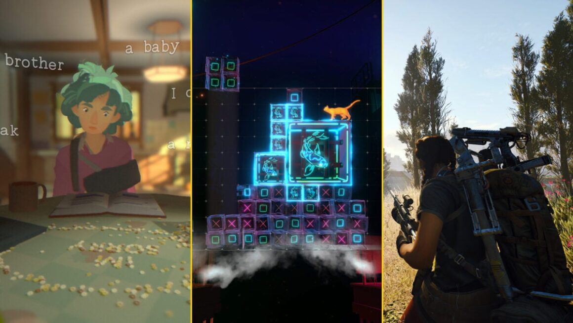 A human character's thoughts circle around their head, a cat stands on top of a colorful puzzle, and a player character crouches while wielding a sniper rifle.