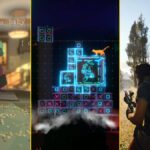 A human character's thoughts circle around their head, a cat stands on top of a colorful puzzle, and a player character crouches while wielding a sniper rifle.