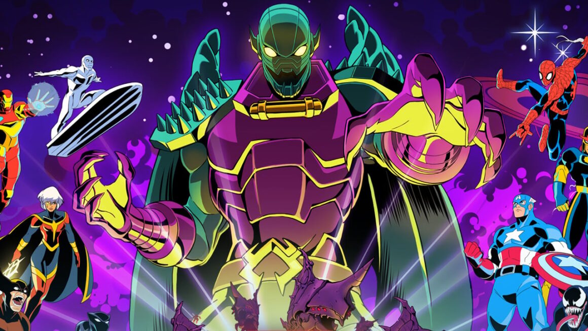 Marvel heroes fly toward a massive alien.