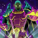 Marvel heroes fly toward a massive alien.