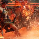 A hunter fights a machine surrounded by fire.