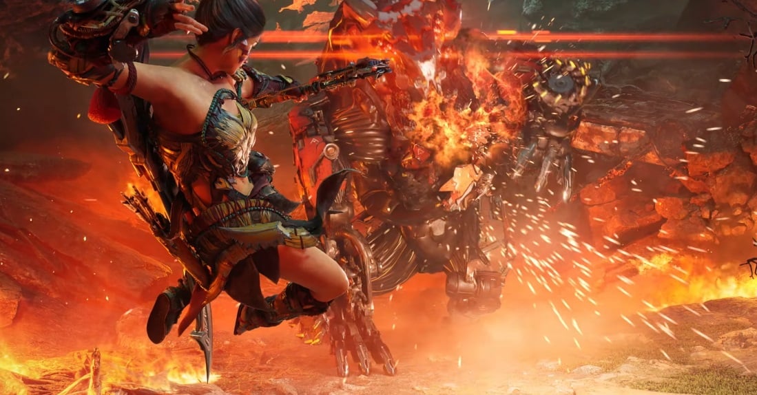 A hunter fights a machine surrounded by fire.