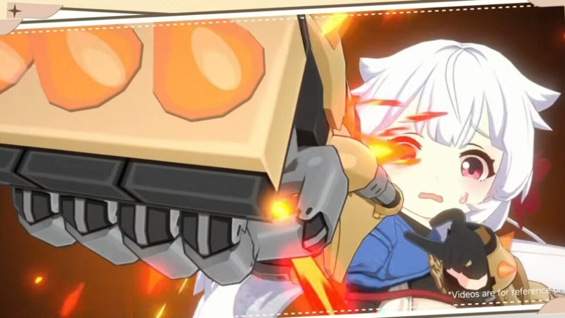 A Stella Sora character fires a mechanical arm and also kinda looks like her fingers could be interpreted as doing the "tiny penis" gesture.