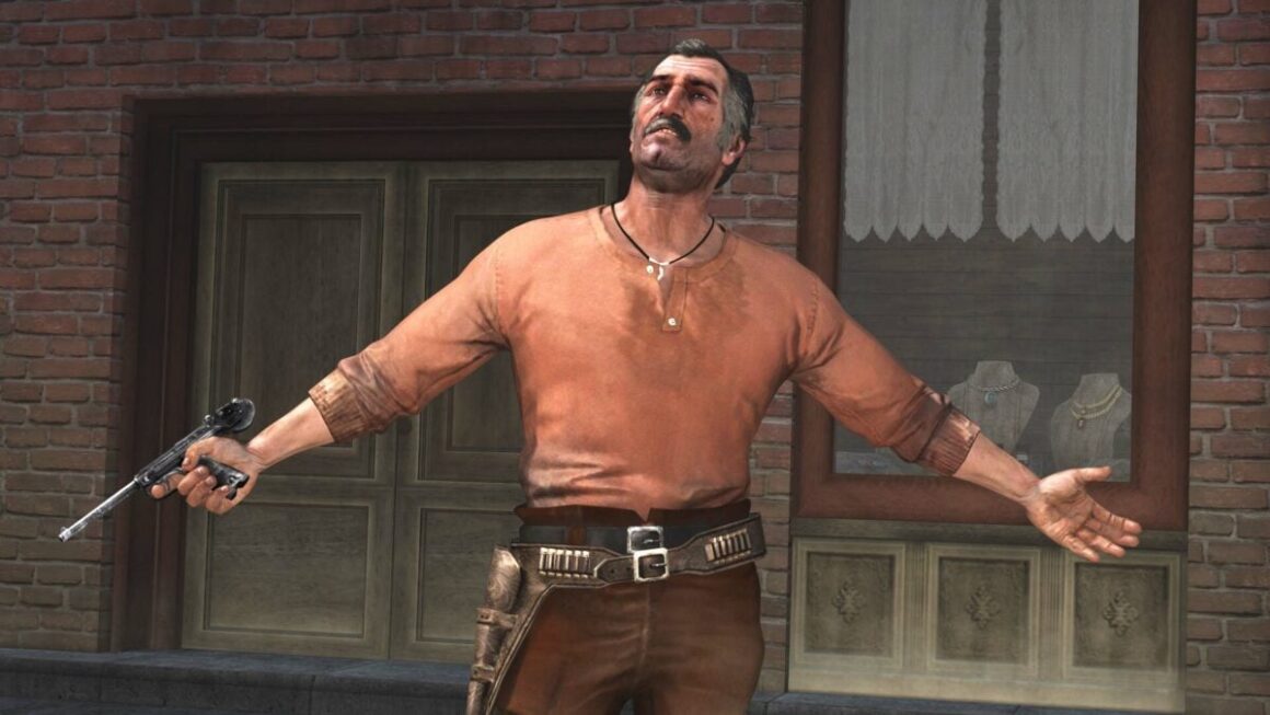 A character makes a gesture with their arms wide open while wielding a gun.