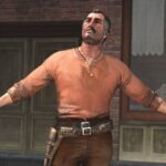 A character makes a gesture with their arms wide open while wielding a gun.