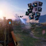 A player character observes as an explosion sends various items flying.