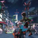 Pokemon and trainers fill up a street in a city.