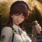 A woman drinks a coffee.